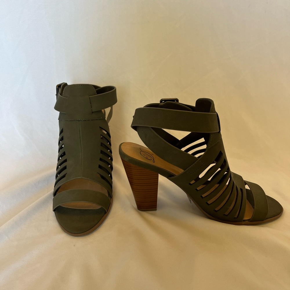Green open toe booties. Size 10